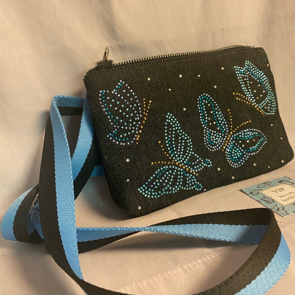 Brighton Black Crossbody Bag with Blue and Gold Butterfly Design